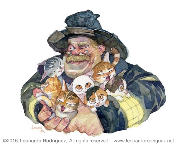 Watercolor caricature of smiling and satisfied fireman holding in his arms 7 kittens he rescued from a fire. Published in Mad Magazine.