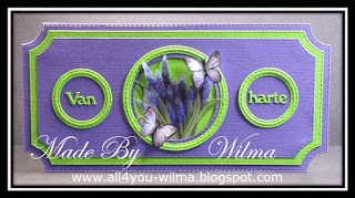 Slimline felicitatie-kaart in de kleuren paars en neongroen met een plaatje van Blauwe druifjes en vlinders. Slimline congratulatory card in purple and neon-green with a picture of Grape hyacinths and butterflies.