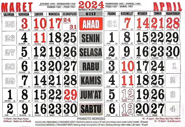 Kalender April 2024 lengkap dengan tanggal merah dan keterangannya