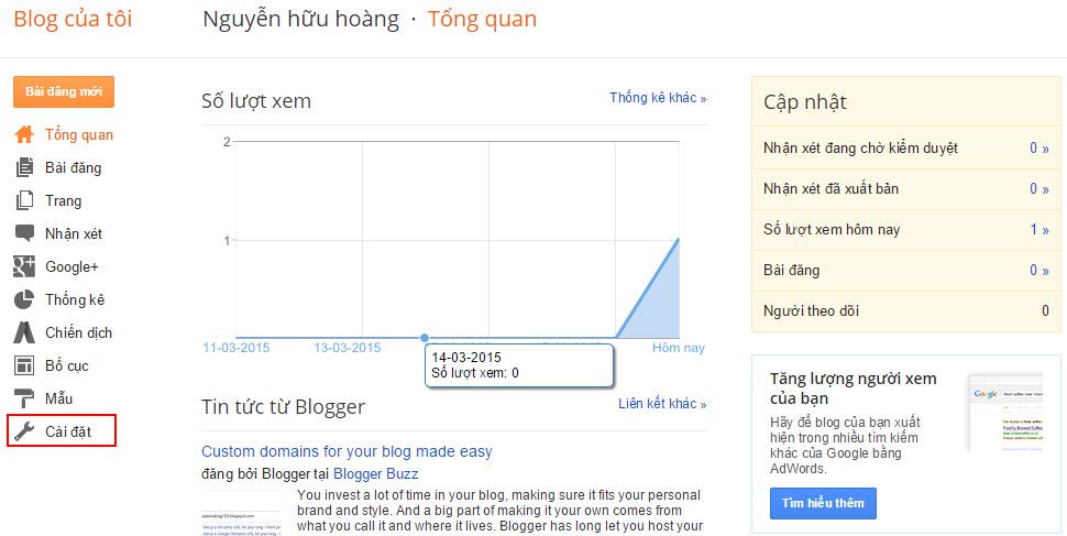 Hướng dẫn cài đặt trỏ tên miền cho Blogger - 1