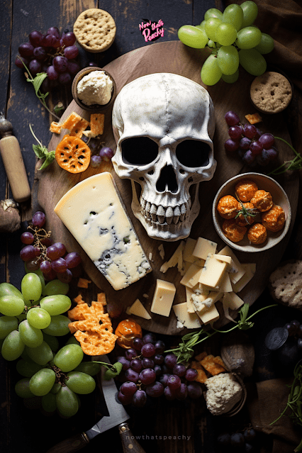 Skull Halloween Charcuterie Board Idea with grapes, cheese dips