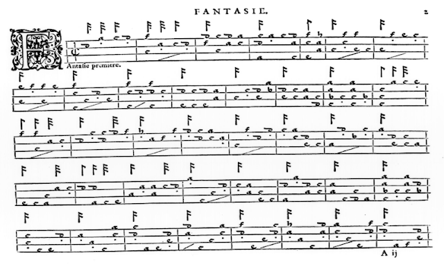 facsimile of renaissance guitar music 'Fantasie' by le Roy published 1551