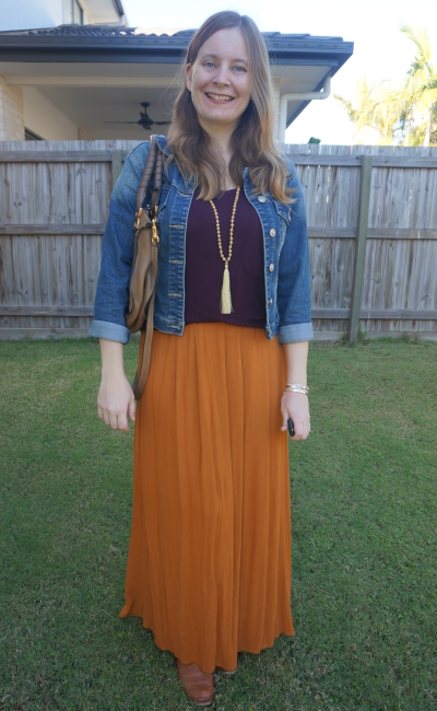 purple tee, range maxi skirt, denim jacket and chloe marcie bag | awayfromblue