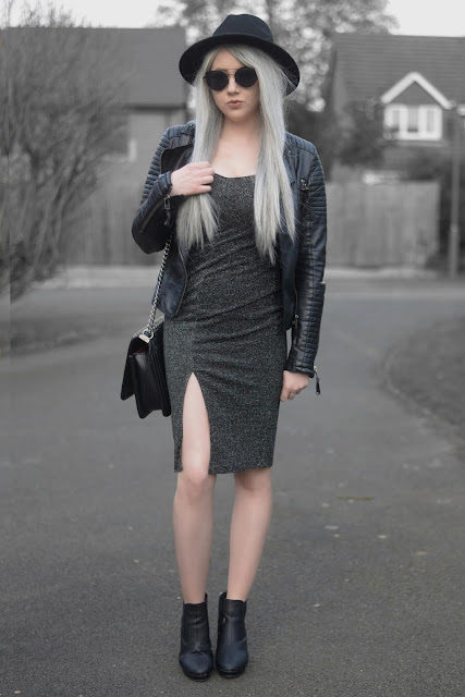 Sammi Jackson - Primark Fedora / Zaful Sunglasses / Shein Biker Jacket / Everything5pounds Sparkly Dress  / OASAP Quilted Flap Bag / Office Chunky Ankle Boots 