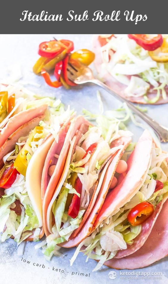 These Italian Sub Roll Ups are a great option for a keto lunch or quick snack! If your ham is on the thicker side you’ll end up with a fun taco shaped roll-up, if it’s thinner you’ll have a traditional shaped one.