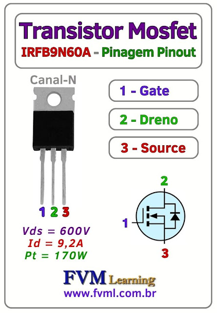 Datasheet-Pinagem-Pinout-Transistor-Mosfet-Canal-N-IRFB9N60A-Características-Substituição-fvml