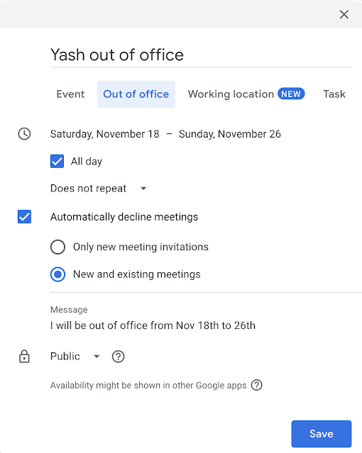 Out of office on Google workspace calendar