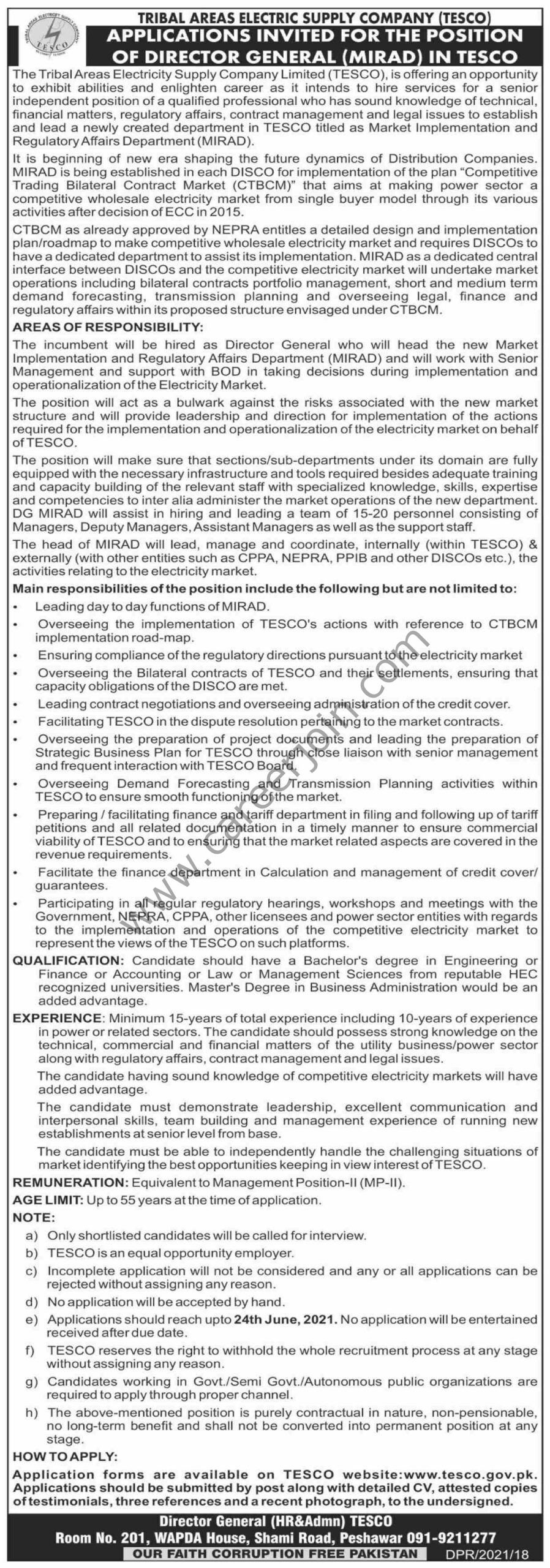 Tribal Areas Electric Supply Company TESCO Jobs Director General