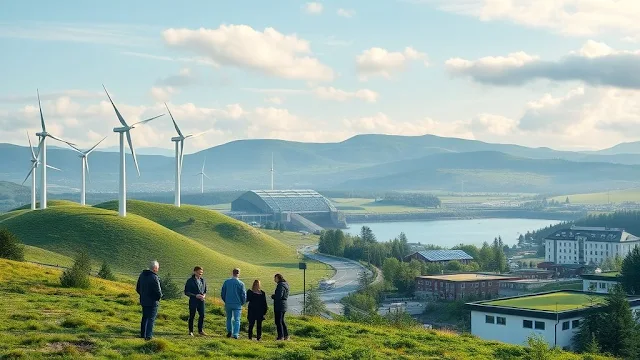 Nordic green innovation hub with wind turbines, solar-powered buildings, and diverse people collaborating on climate sustainability projects.