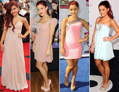 o Primeiro vestido e simples e longo a Ariana usa o cabelo do lado pra dar 