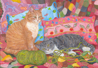 A painting of cats and a ball of yarn by Virva Seppä / Virva Sepän maalaama taideteos kissoista ja lankakerästä