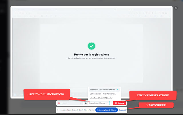 inizio della registrazione dello schermo
