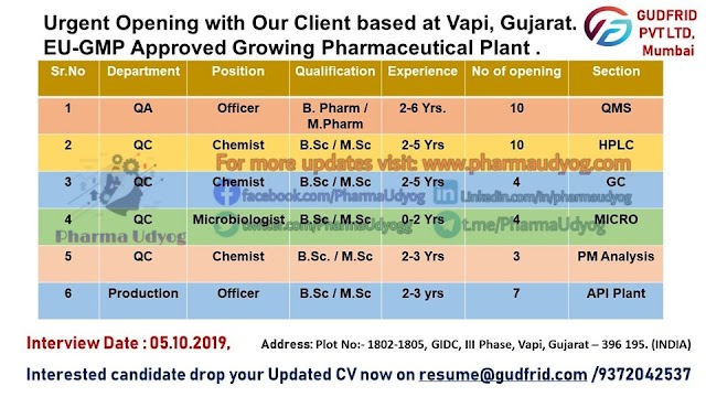 GUDFRID consultant | Walk-in at Vapi for Production-QC-QA on 5 Oct 2019 | Pharma Jobs