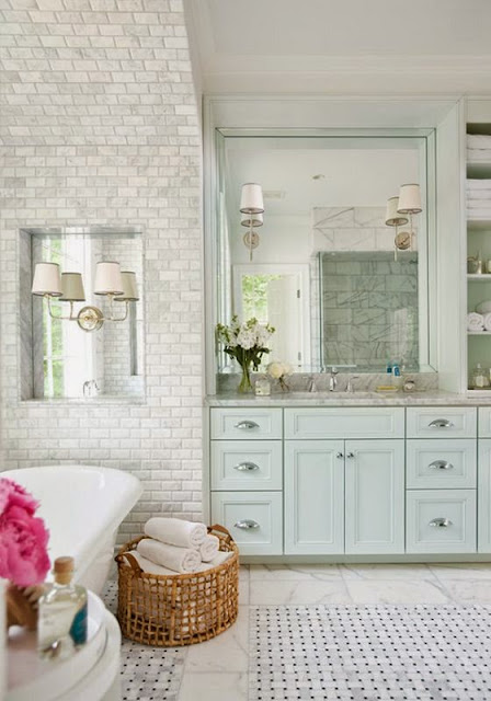 traditional gray subway tile master bathroom