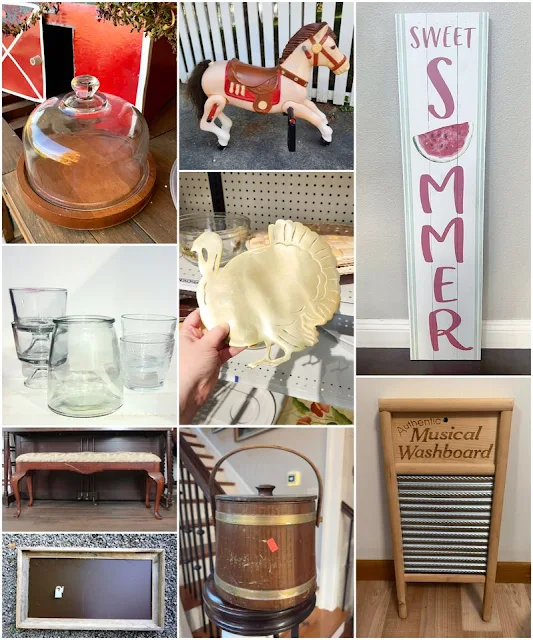 Collage of thrifted finds waiting to be upcycled.