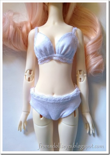 A cute lacey bra and underwear set for a ball jointed doll as worn by a Clover Doll bjd.