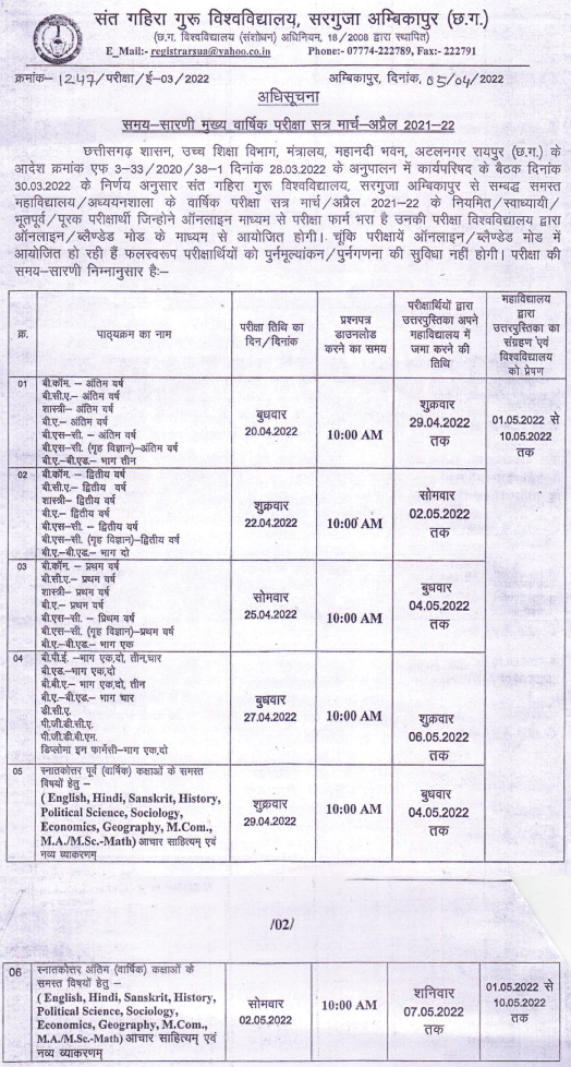 Sarguja University Time Table 2022