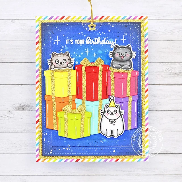 Sunny Studio Stamps: Perfect Gift Boxes Dies Focused Birthday Card by Marine Simon (featuring Big Bold Greetings, Birthday Cat, Sliding Window Dies)