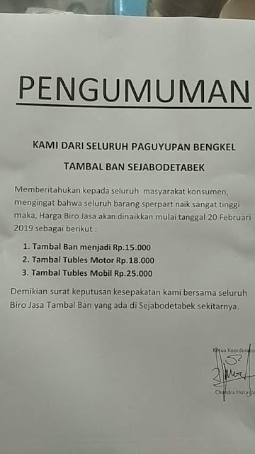 Tarif tambal ban di Jabodetabek naik mulai 20 februari 2019.