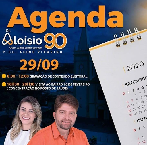  Agenda dos candidatos a prefeito Aluísio Brasil e Aline Viturino a Vice prefeita em Crato, neste dia 29