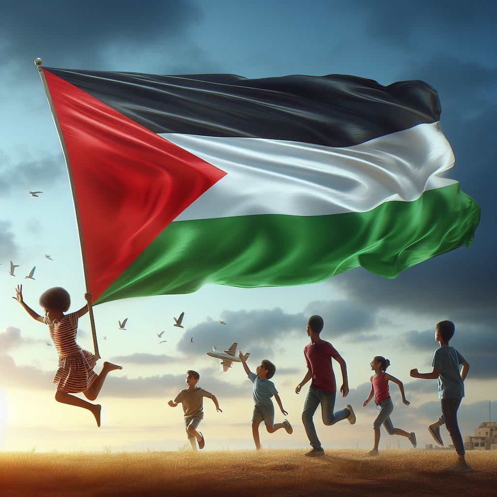 صور أطفال مع علم فلسطين الحر