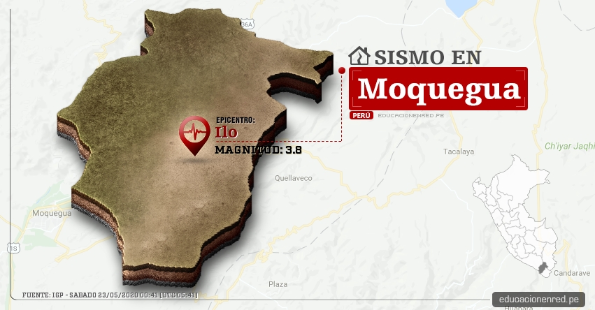 Temblor en Moquegua de Magnitud 3.8 (Hoy Sábado 23 Mayo 2020) Sismo - Epicentro - Ilo - IGP - www.igp.gob.pe