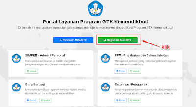 Akses laman https://gtk.belajar.kemdikbud.go.id/ dan klik Registrasi Akun GTK