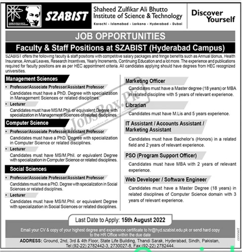 SZABIST Jobs 2022 - Shaheed Zulfikar Ali Bhutto Institute of Science & Technology Jobs 2022