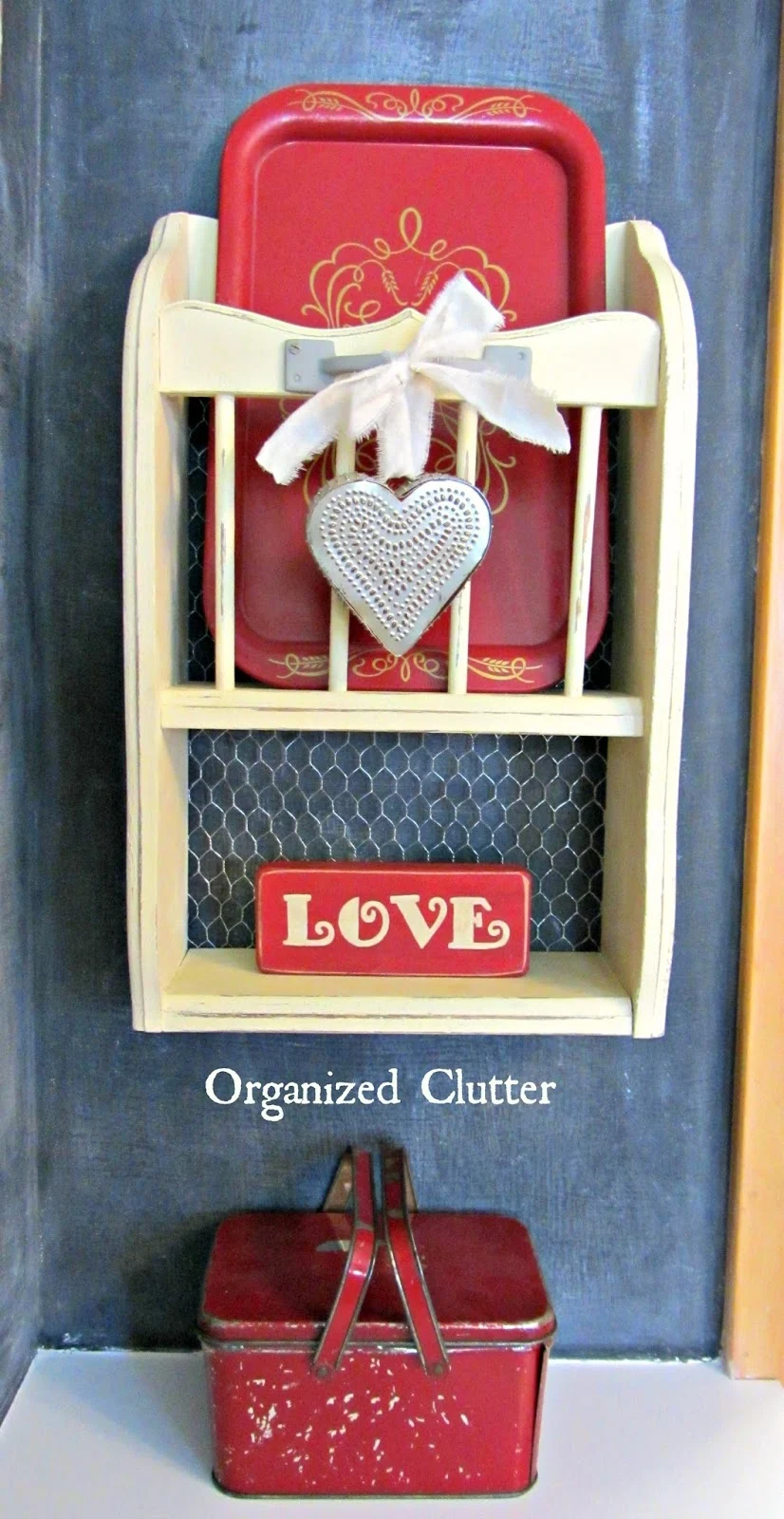 Salvaged Shelf Valentine's Day Decor www.organizedclutterqueen.blogspot.com