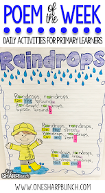 This rain poem is the perfect way to incorporate poetry activities into your daily lessons this spring!  By using a poem of the week, you help build reading fluency, phonics and phonemic awareness skills, comprehension, concepts of print and more!  Don’t forget to check out the great poetry writing prompt perfect for creating a copycat poem!