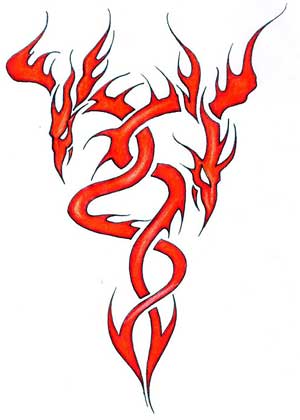 Red flaming dragon phoenix tattoo drawing.