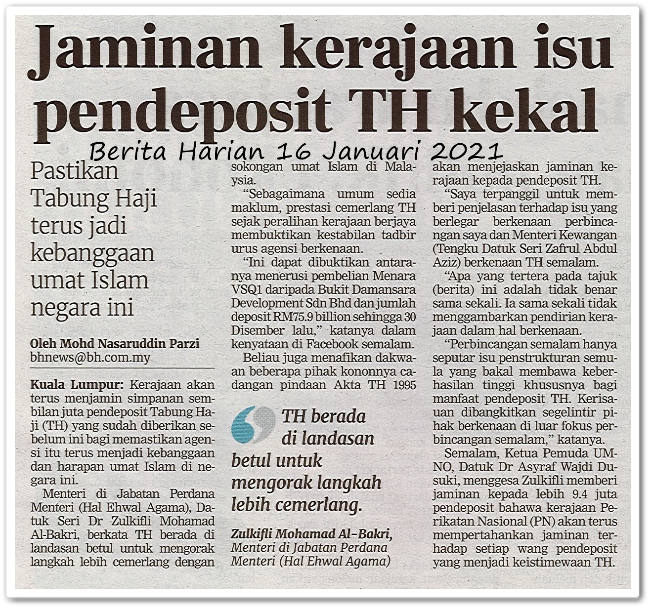 Jaminan kerajaan isu pendeposit TH kekal - Keratan akhbar Berita Harian 16 Januari 2021