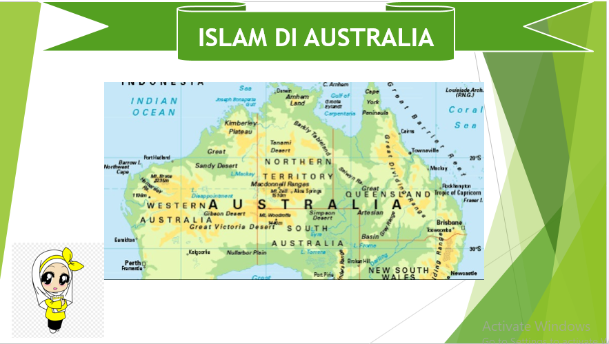 Pada abad ke 20 perkembangan masjid di Australia cukup menggembirakan karena banyak masjid yang dibuat oleh arsitek yang berasal dari penduduk pribumu Australia, diantaranya sebagai berikut: Pada tahun 1907 di Brisbane didirikan masjid yang indah dan besar oleh arsitek Sharif Abosi dan Ismeth Abidin Pada tahun 1976 di Quessnsland didirikan masjid lengkap dengan Islamic Center di bawah pimpinan Fethi Seit Mecea Pada tahun 1970 di Mareebe diresmikan sebuah masjid yang mampu memuat 300 jamaah dengan imamnya H. Abdul Latif di kota Srraey Hill dibangun masjid Raya Faisal dengan bantuan pemerintahan Arab Saudi. Pendidikan Islam di Australia diselenggarakan dengan tujuan agar dapat melestarikan pertumbuhan kehidupan agama Islam. Oleh karena itu, di Brisbane didirikan Quesland Islamic Society yang bertujuan menyadarkan anak-anak muslim untuk melakukan sholat dan hubungan baik sesama manusia. Mereka selama 5-15 tahun menerima pelajaran al-Qur'an dan tata kehidupan secara Islam. Pelajar terdiri atas anak-anak dari Indonesia, India, Pakistan, Turki, Afrika, Libanon dan Australia.  Sajian materi tentang perkembangan Islam juga kami sajikan dalam bentu power point, semoga bermanfaat bagi kita semua, amin.  Sumber: Khalil, Muhammad. 2016. Sejarah Kebudayaan Islam. Kementrian Agama Republik Indonesia: Jakarta