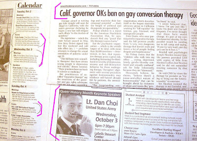 gay student group ad for OSU speech by Lt. Dan Choi and headline CA Gov. bans ex-gay therapy in Barometer Oct. 2, 2012, p. 2 and 7