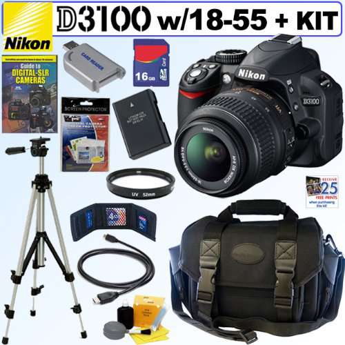 Nikon D3100 14.2MP Digital SLR Camera with 18-55mm f/3.5-5.6 AF-S DX VR Nikkor Zoom Lens + EN-EL14 Battery + 16GB Deluxe Accessory Kit