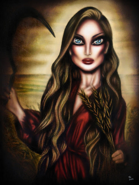 painting biblical ruth gathering wheat in a field with a red robe by tiago azevedo a lowbrow pop surrealism artist