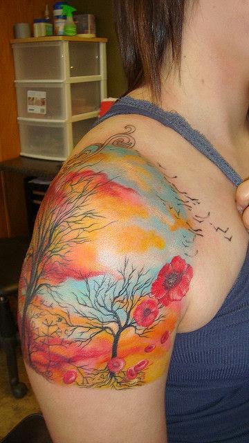 Women Shoulder Flower Tattoo, Tree Tattoo Women Shoulder, Women Flower Tree Tattoos, Tattoos Of Tree Flowers On Women, Women, Parts, Flower,