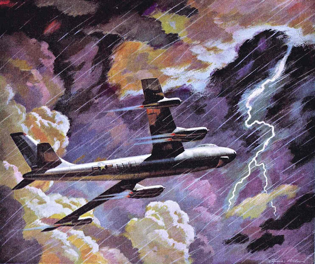 a Charlie Allen illustration of a passenger jet in stormy weather with lightning