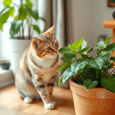 Cat being gently trained to avoid houseplants