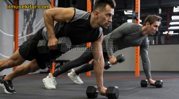 2 laki laki melatih otot menggunakan dumbell di gym