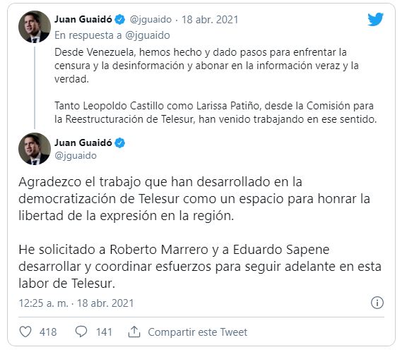 Guaidó designó a Roberto Marrero como nuevo presidente de TELESUR