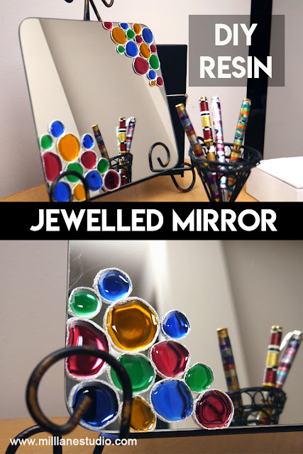 Collage image of resin-jewelled mirror on stand with a collection of colourful pens
