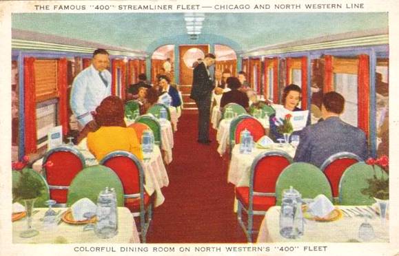 POSTCARD CHICAGO TRAIN CHICAGO AND NORTH WESTERN DINING CAR INTERIOR 