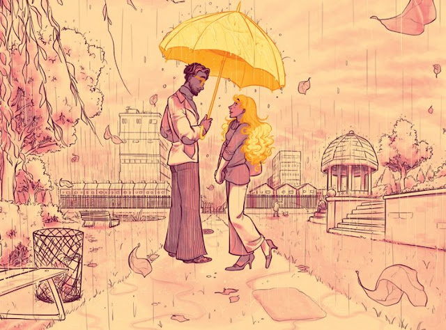 A page from For the Love of God, Marie! A man and woman stand in the rain. The man is holding a yellow umbrella.