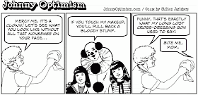 johnny optimism, johnnyoptimism, medical, jokes, cartoon, sick jokes, stilton jarlsberg, doctor jokes, wheelchair, scary clown, clown, tickles, cleaning lady