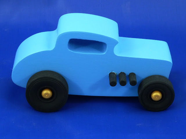 Wood Toy Car, Hot Rod 1932 Deuce Coupe, Handmade and Finished with Baby Blue, Black, and Metallic Gold Acrylic Paint