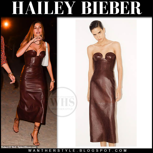Hailey Bieber in brown leather midi dress