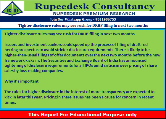 Tighter disclosure rules may see rush for DRHP filing in next two months - Rupeedesk Reports - 03.10.2022