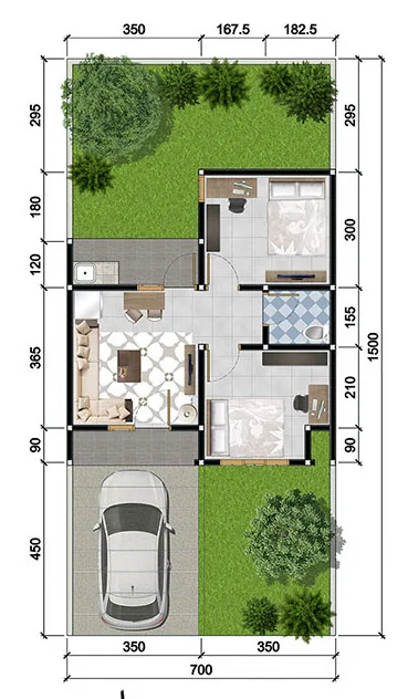 berikutnya masih dengan ukuran lahan lebar  5 Denah rumah minimalis ukuran 7x15 meter 2 kamar tidur 1 lantai + tampak depan
