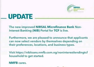 Nirsal Microfinance Bank has reopened portal for the Non-Interst Banking window of COVID-19 Targeted Credit Facility and AGSMEIS Loan known as NIB COVID-19 Loan/AGSMEIS Loan- Apply Now
